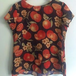 Vintage orange fruit and flower print short sleeve organza blouse UNIQUE
